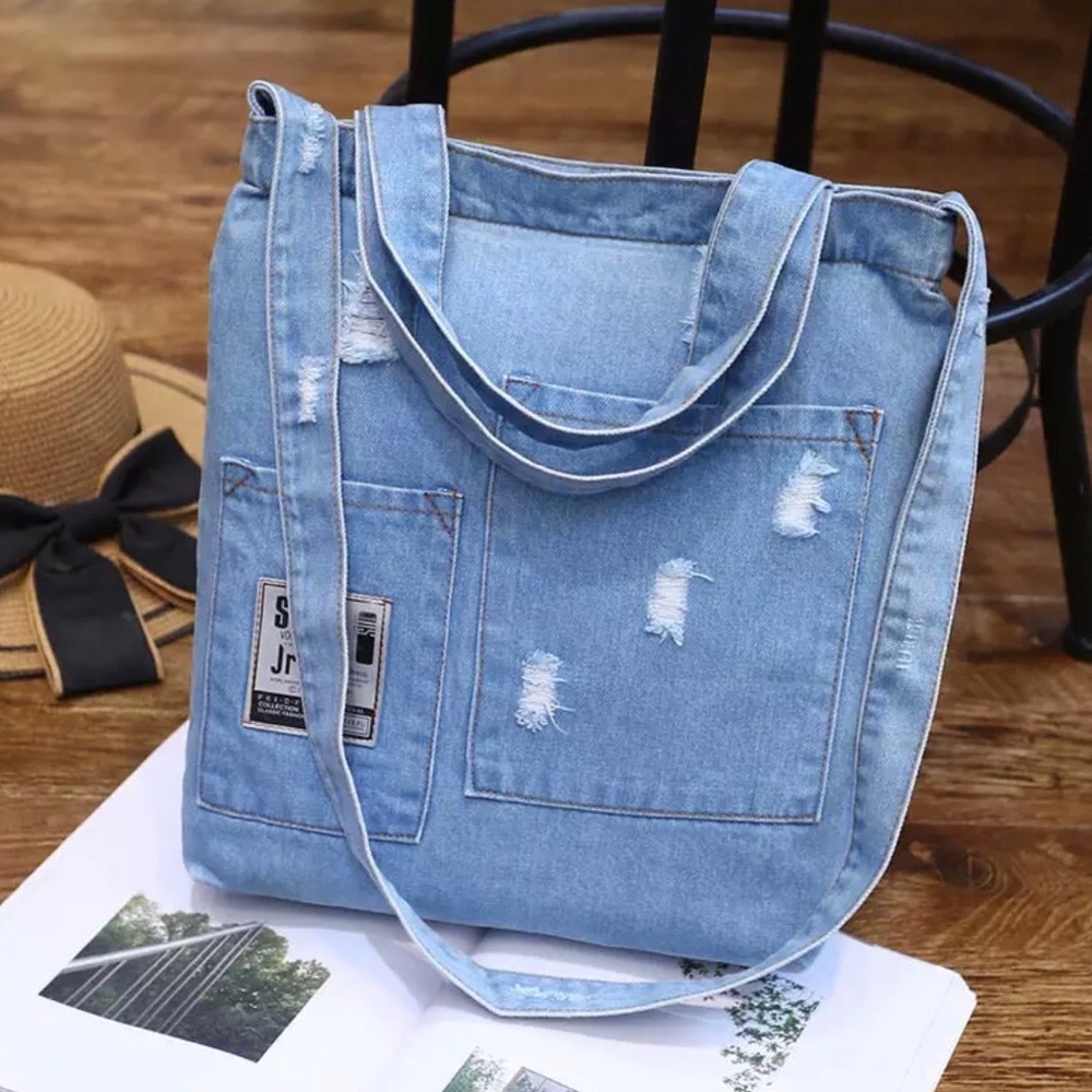 Denim bag shoulder jean distressed ripped handbag light blue navy blue